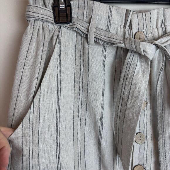 Daytrip Mini Skirt Cream Stripe Linen Blend Button Front Tie Waist Pockets Sz M - Picture 6 of 7